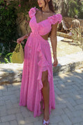 Women's Fashion Vacation Waist Hollow-Out Print Maxi Dress