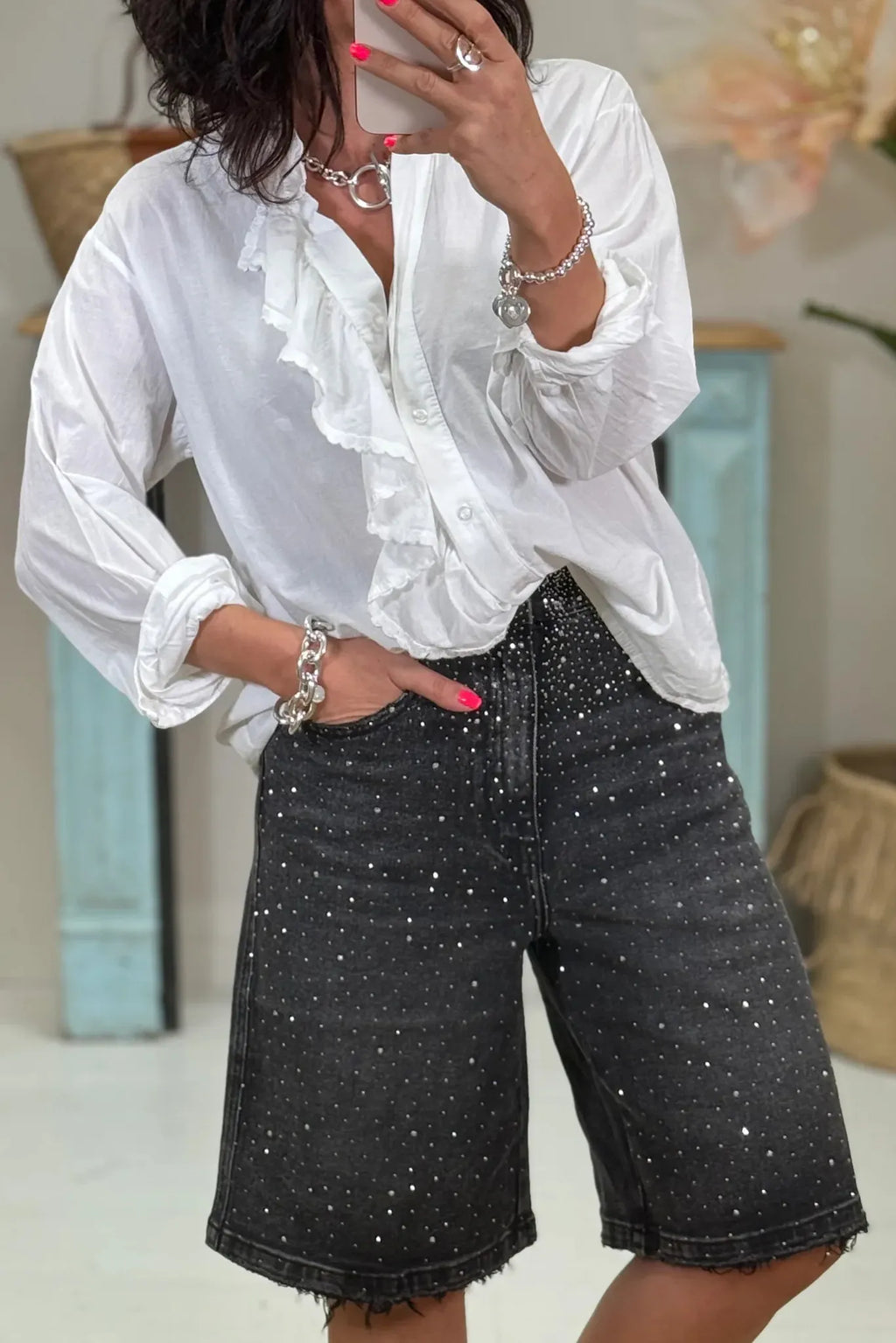 Women's Rhinestone Casual Straight Leg Denim Shorts