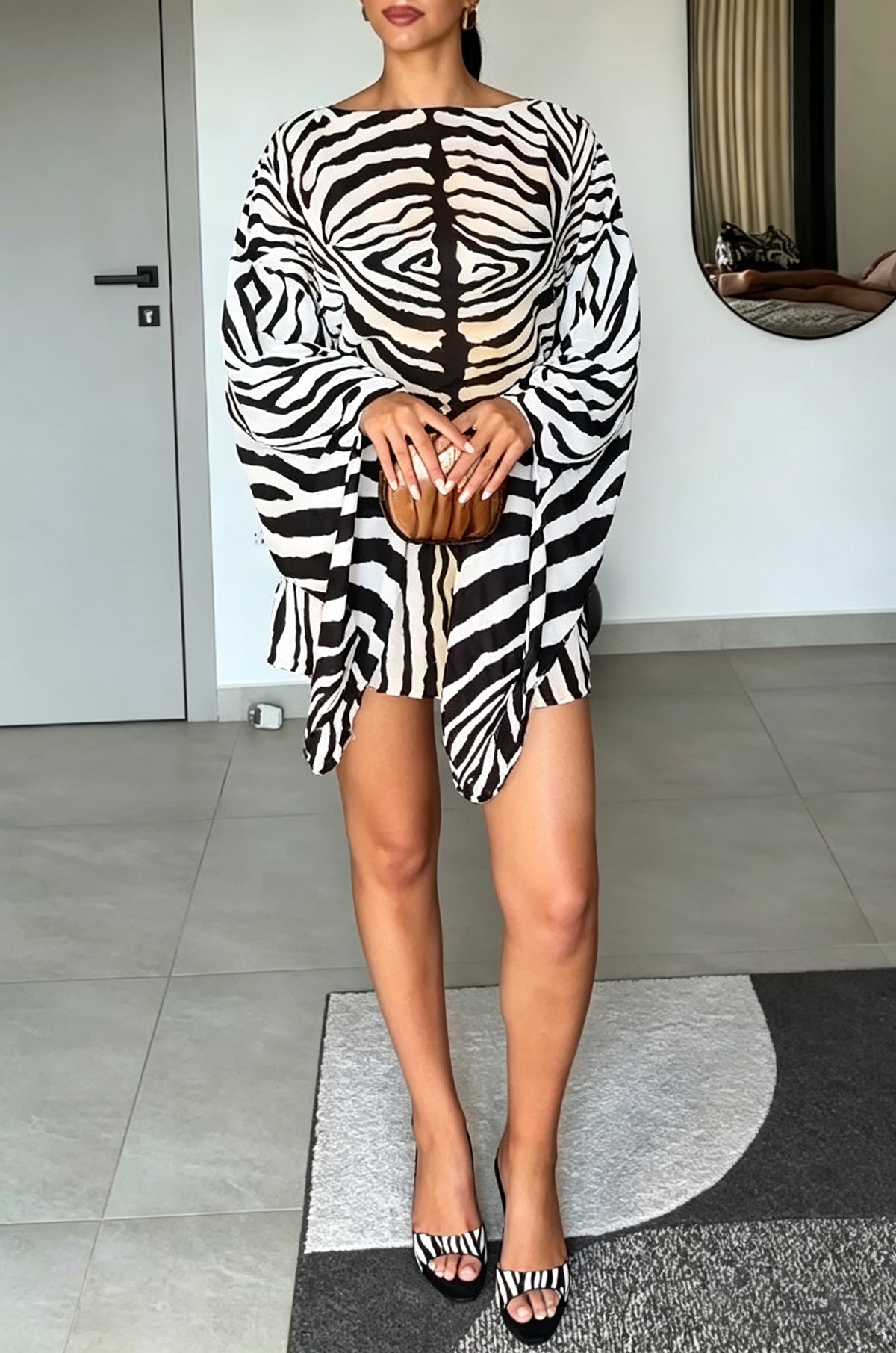 Women's Elegant Flowing Sleeve Zebra Pattern Mini Dress