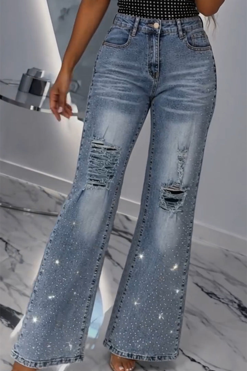 Women's Casual Rhinestone Vest or Washed Ripped Jeans