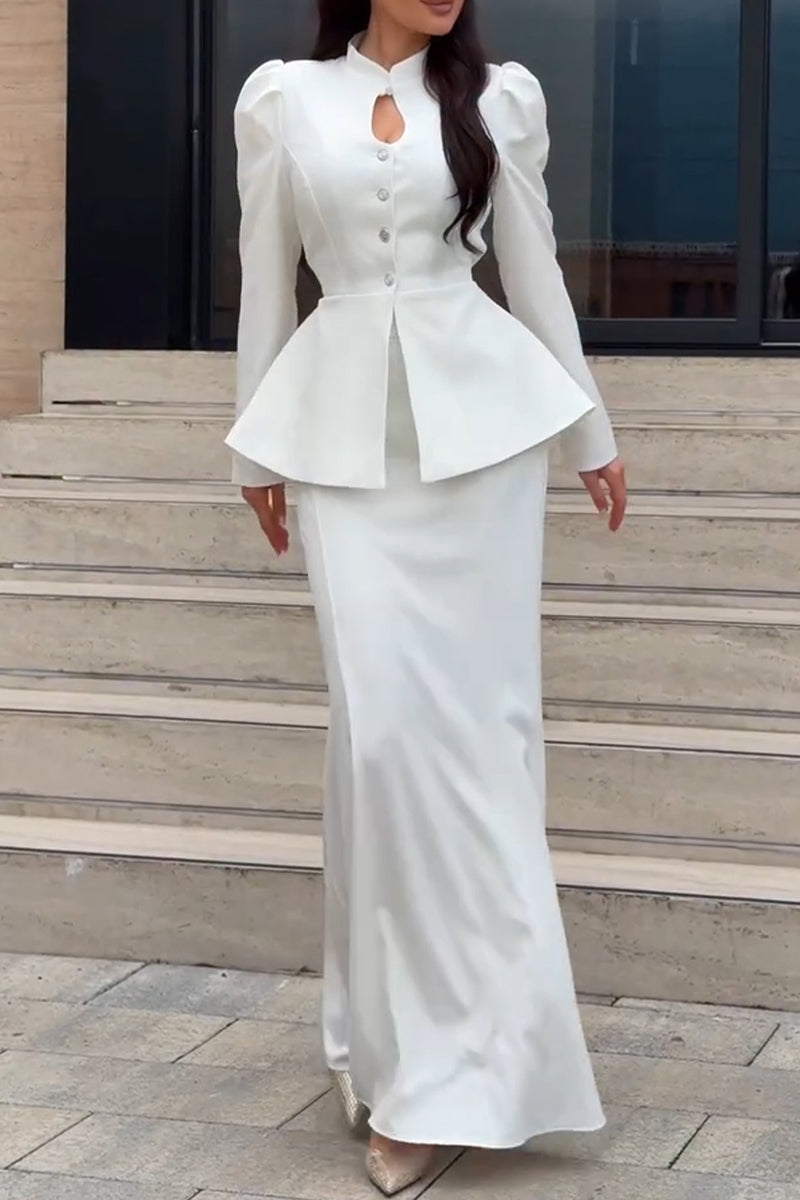 Women's Elegant Waist Cinching Puff Sleeve Shirt or Maxi Skirt