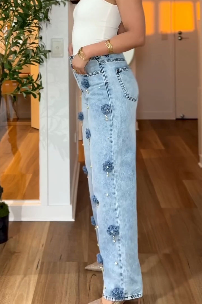 Women's Casual Flower Rhinestone Decoration Straight Jeans
