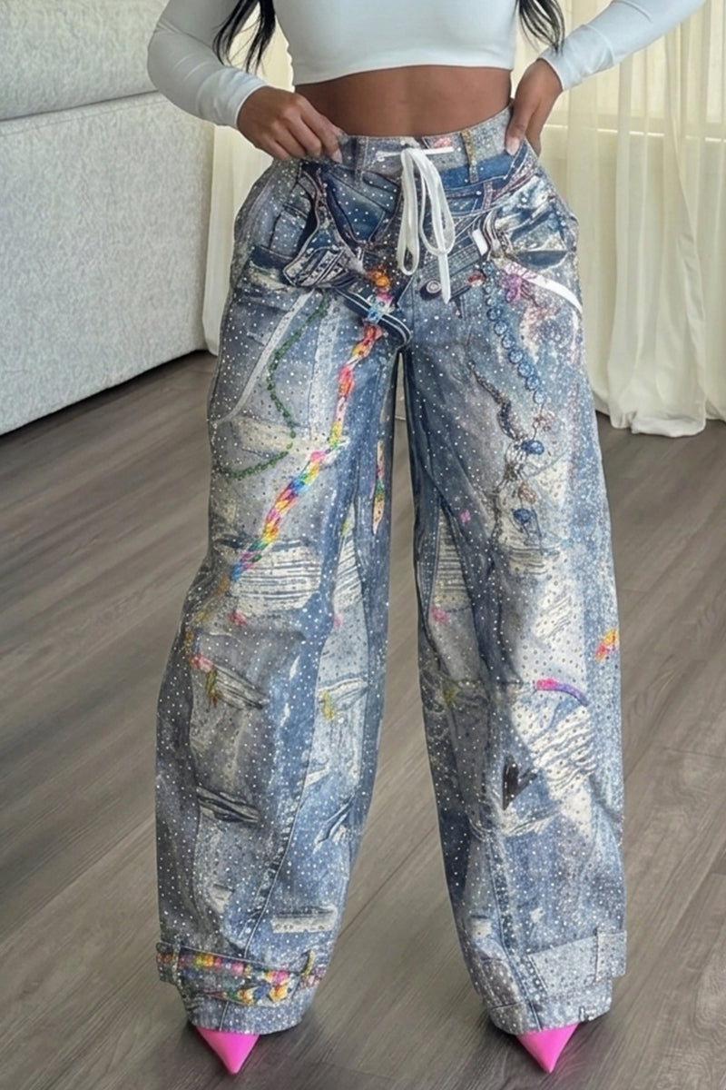 Women's Street Style Printed Rhinestone Wide Leg Jeans