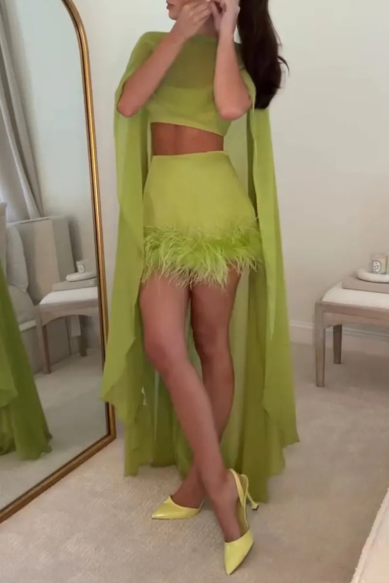 Women's Elegant Vest Long Cape Feather Skirt Three-Piece Set