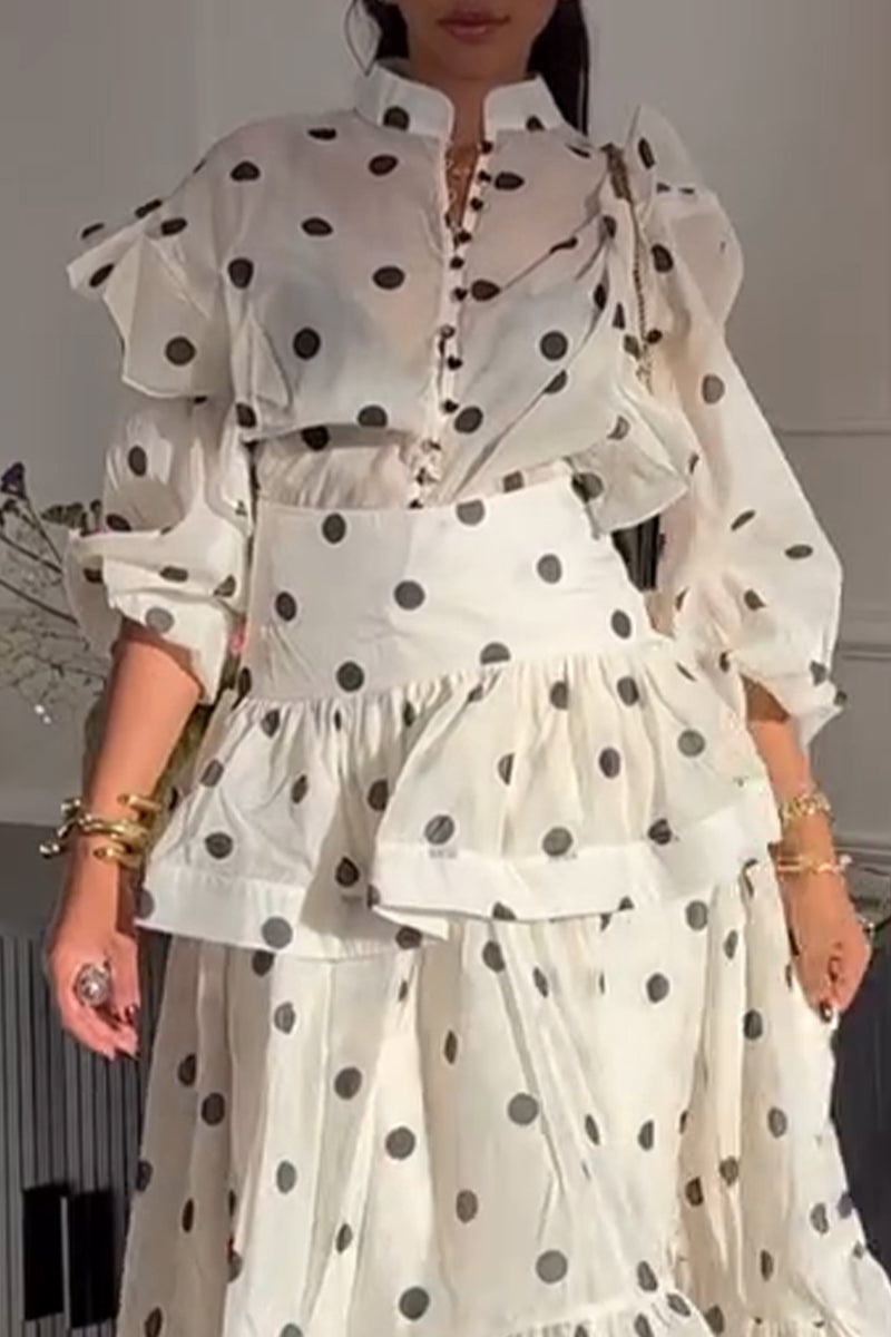 Elegant and Casual Round Neck Polka Dot Printed Top or Patchwork Skirt for Women