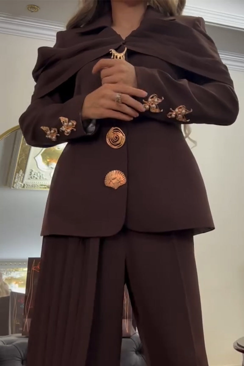 Women's Collar Splicing Jacket+ Pants Temperament Commuting Set