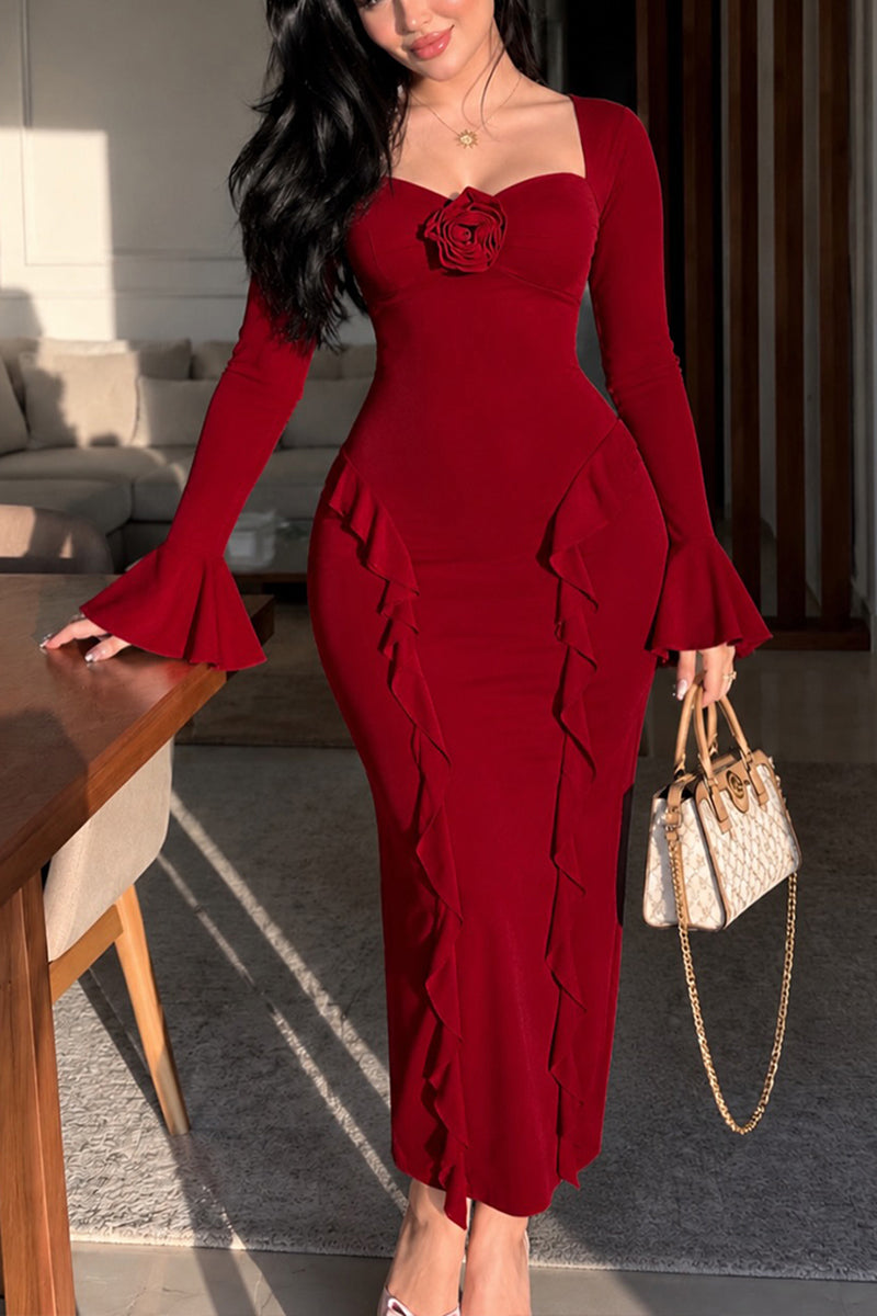 Women's Elegant Floral Ruffle Decoration Slim Dress