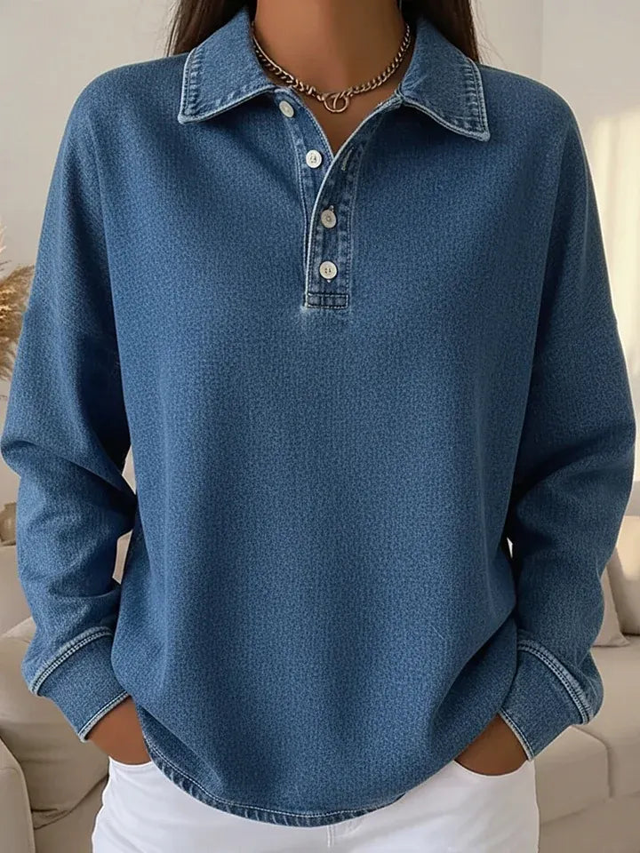 Casual Loose-fitting Polo Button-up Denim Sweatshirt