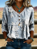 Women's Vintage Floral Print Casual Hollow-Out Denim Shirt