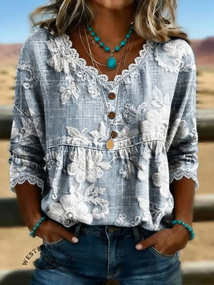 Women's Vintage Floral Print Casual Hollow-Out Denim Shirt