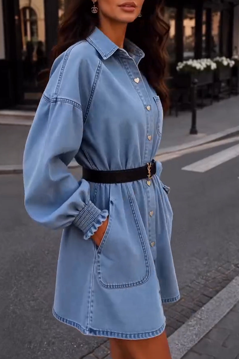 Women's Lapel with Heart-shaped Buckle Splicing Casual Denim Dress