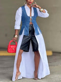 Women's Solid Color Art Casual Stylish Denim Cotton Patchwork Long Shirt