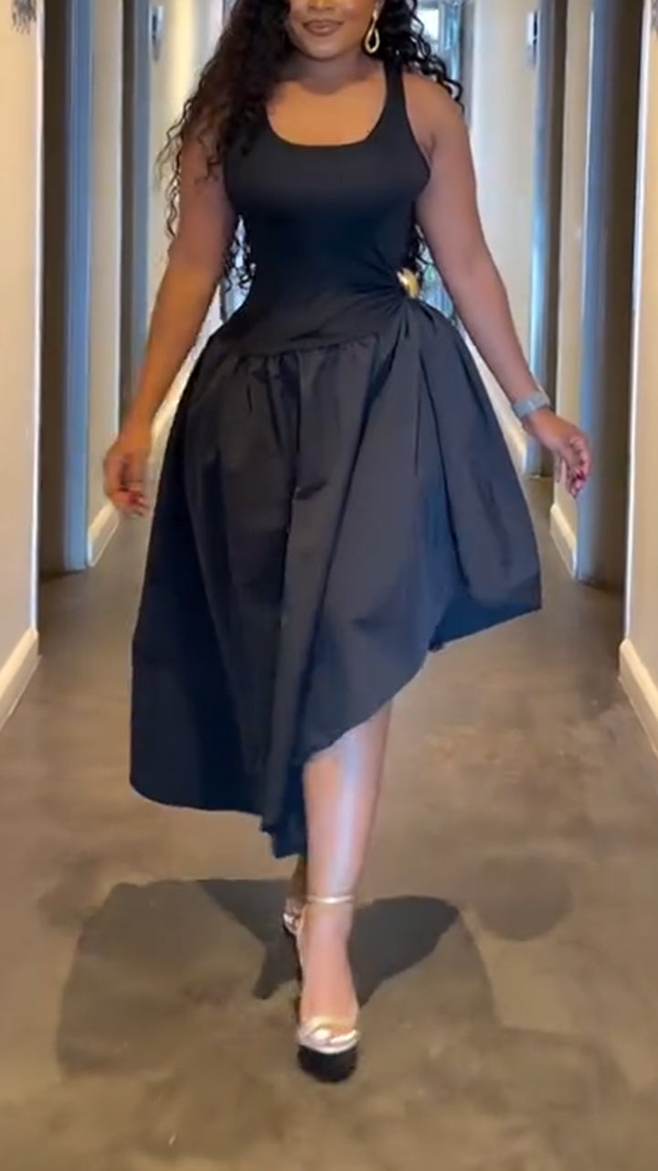 Women U-neck Waist Cinching and Splicing Elegant and Casual Irregular Dress