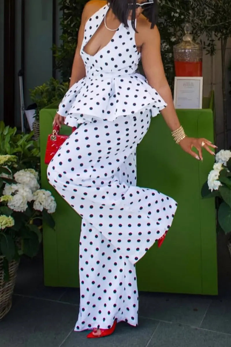 Women's Fashion Polka Dot Halter Ruffle Hem Vest Wide Leg Pants Two-Piece Set