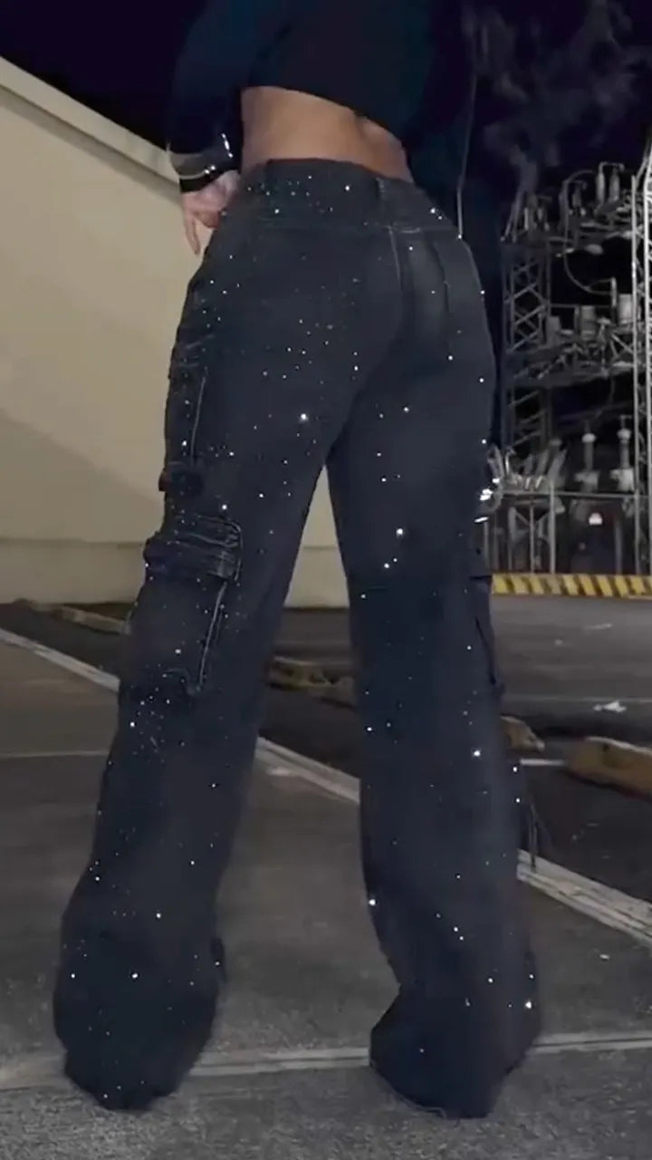 Women Patchwork Multi-pocket Hotfix Rhinestone and Washed Casual Jeans