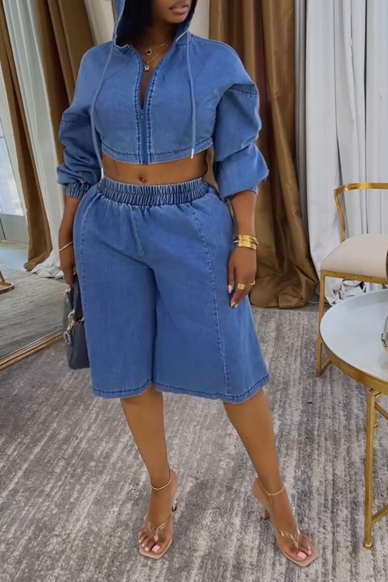 Women's Casual Denim Hooded Jacket or Short Jeans