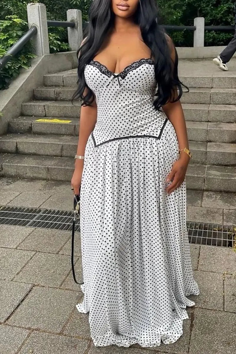 Women's Casual Lace Trim Sweetheart Polka Dot Corset Waist Flowy Maxi Dress
