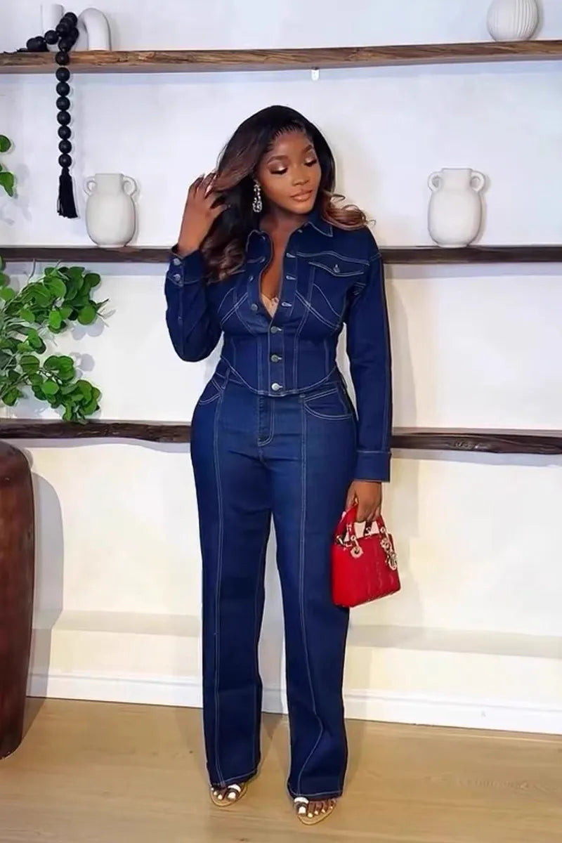 Women's Modern Long Sleeve Jacket + Wide Leg Jeans Two-Piece Set