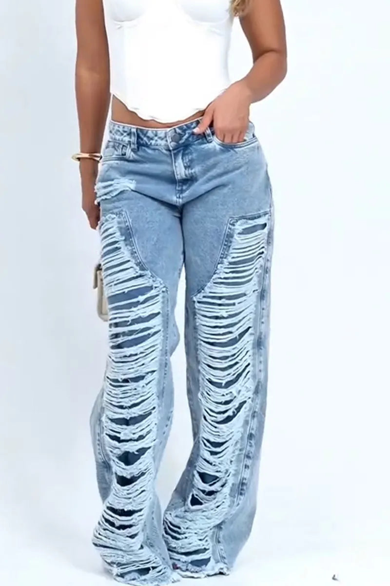Women's Fashion Wash Ripped Decoration Wide Leg Jeans