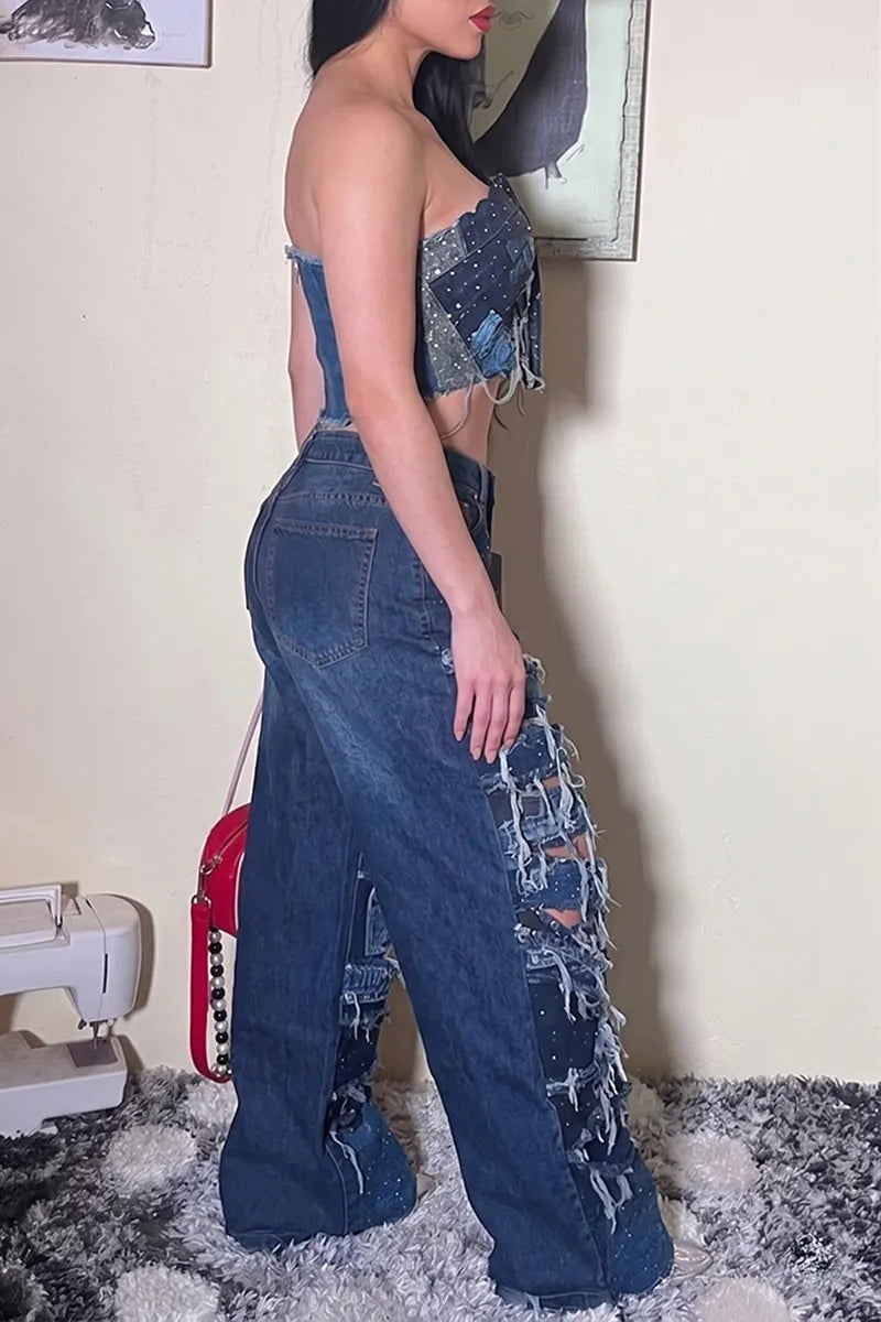 Women's Street Bustier or Ripped Panel Foil Print Jeans
