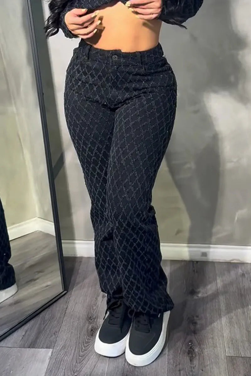 Women Black Rhombus Jacquard Lapel Long Sleeve Cropped Button Jacket Top Or Black Rhombus Jacquard High Waist Raw Hem Slim Flare Long Pants