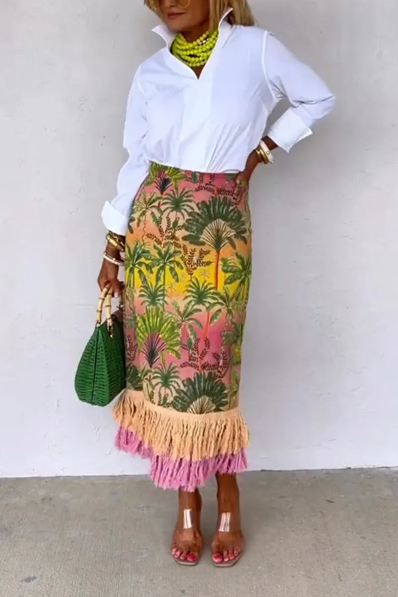 Women Elegant Casual Tropical Printed Tassel Skirt