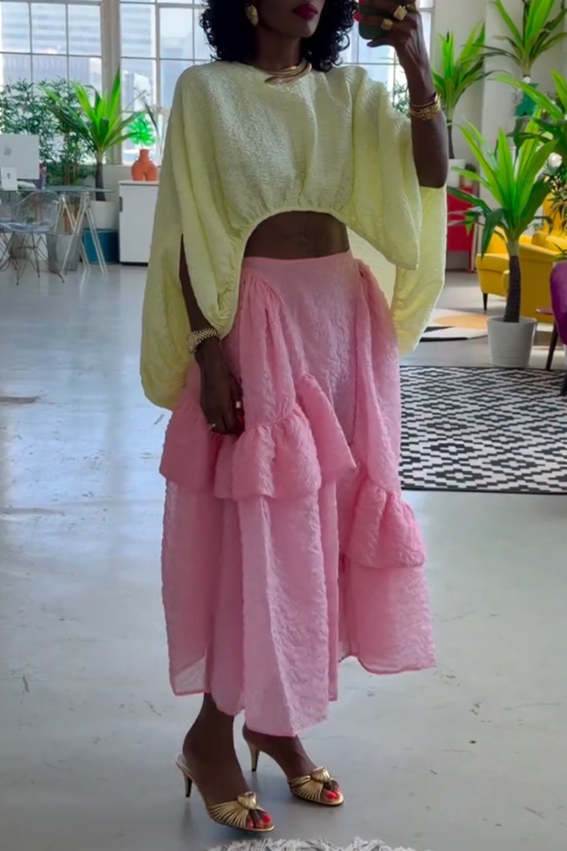 Women's Round Neck Irregular Solid Color Top or Patchwork Skirt
