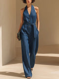 Navy Blue Tencel Denim Halter Neck Wide-Leg Jumpsuit