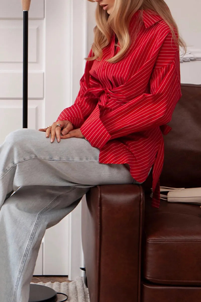 Women's Fashion Stripe Button Trim Shirts