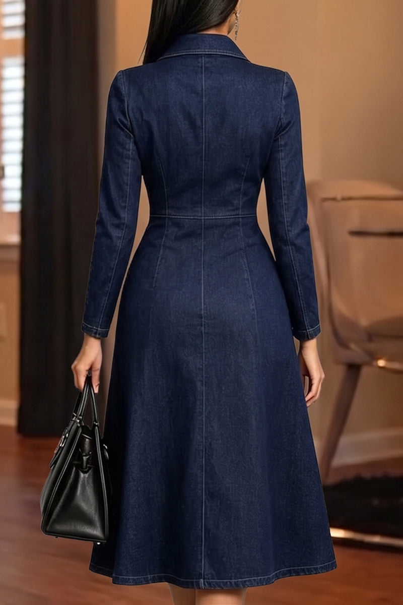 Women's Elegant Pleated Mesh Patchwork Hem Button Denim Dress