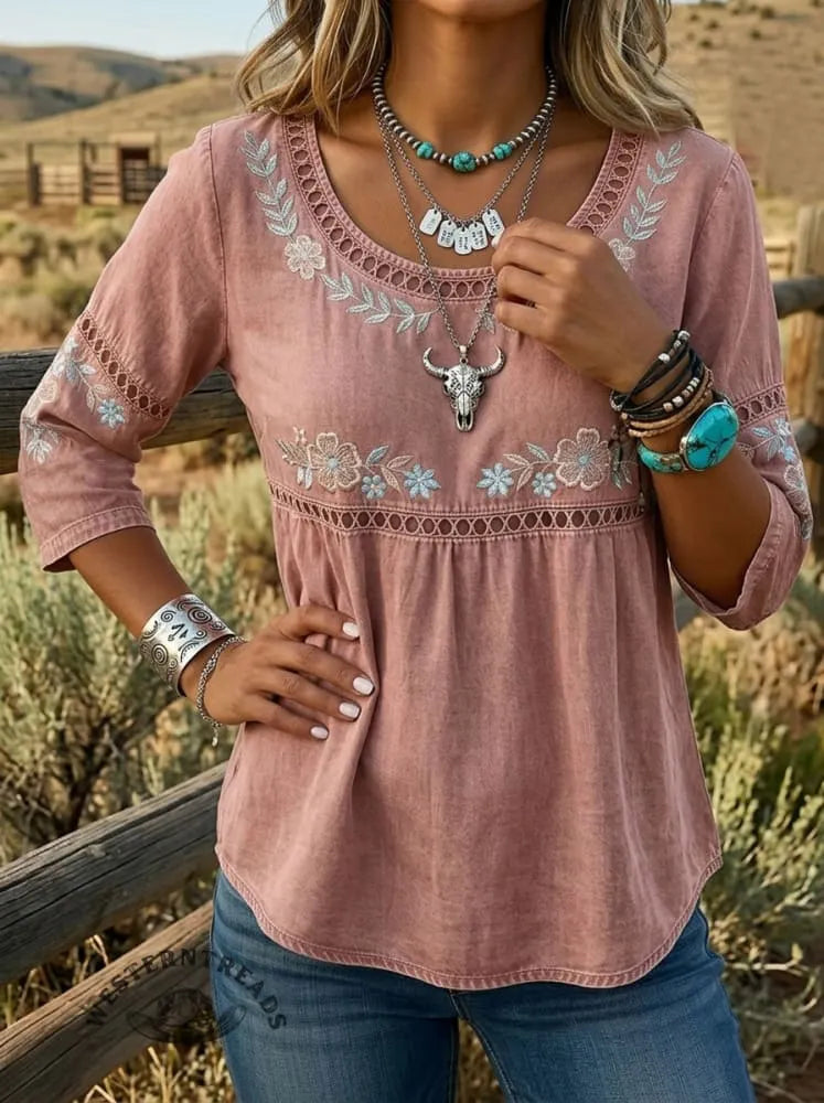 Vintage Floral Art Print Casual 3/4 Sleeves Hollow Denim Shirt