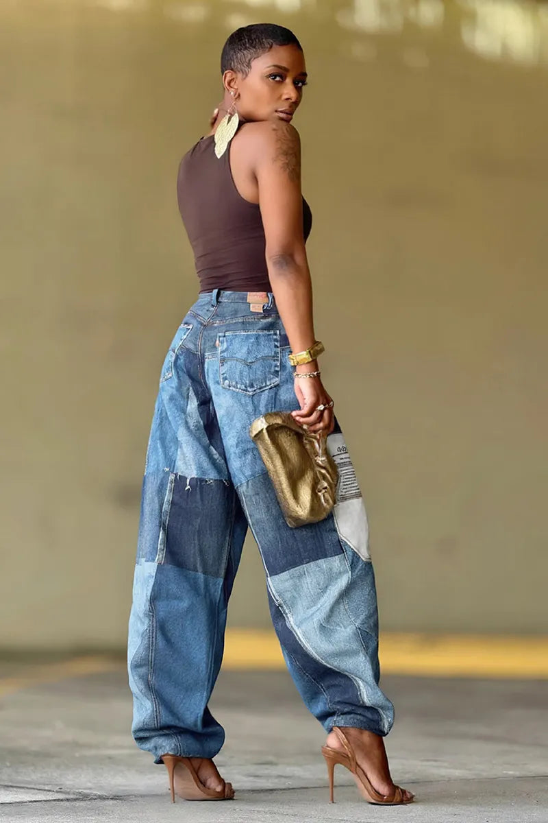 Women's Fashion Patch Panel Print Jeans