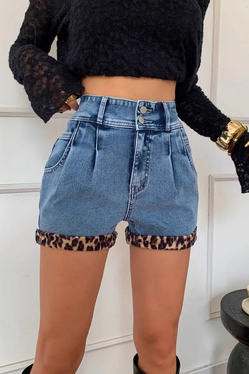 Women's Retro Leopard Print Patchwork Denim Shorts