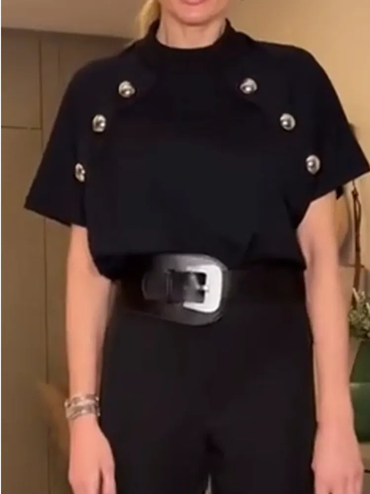 Ladies' Round Neck Metal Buckle Decorative Casual Top