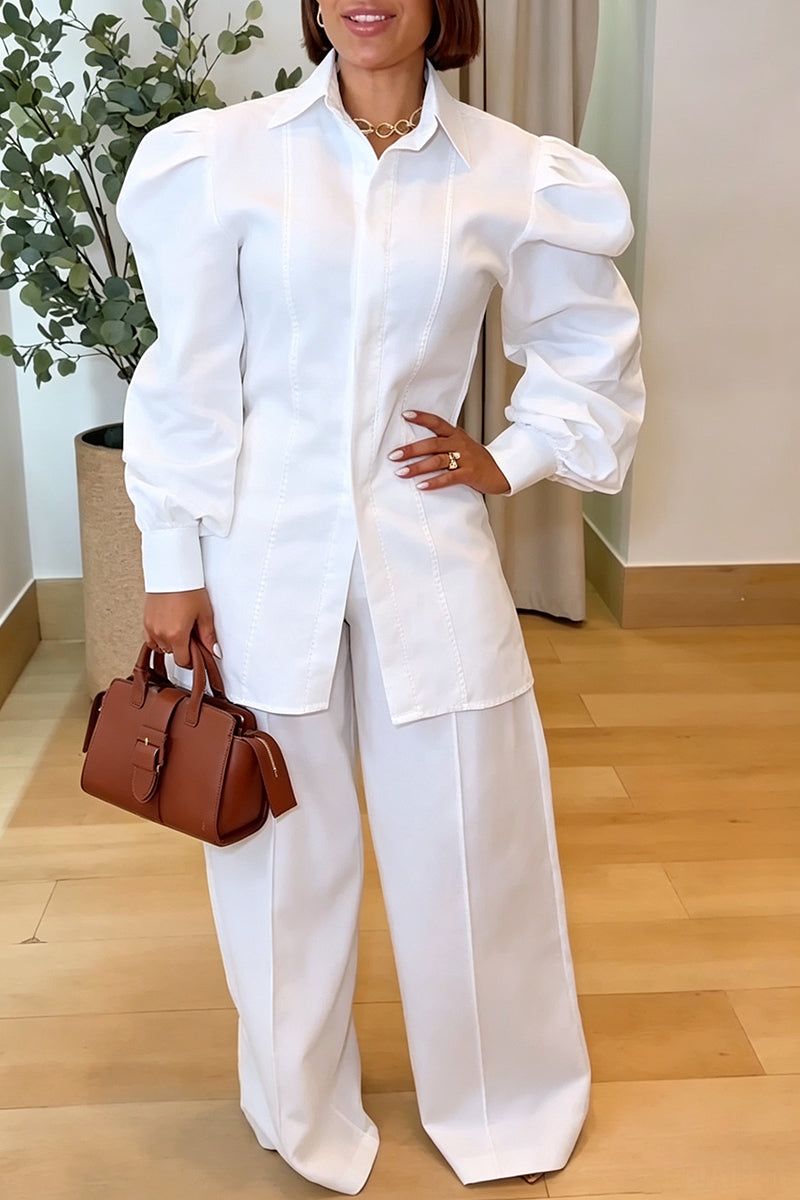 Women's Casual Leg of Mutton Sleeve Shirt Wide Leg Pants Two-Piece Set