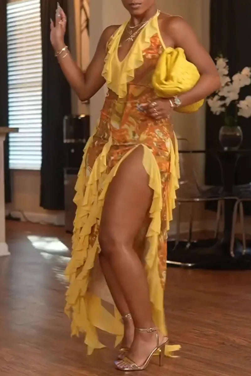 Women's Fashion Vacation Ruffle Decoration Print Maxi Dress