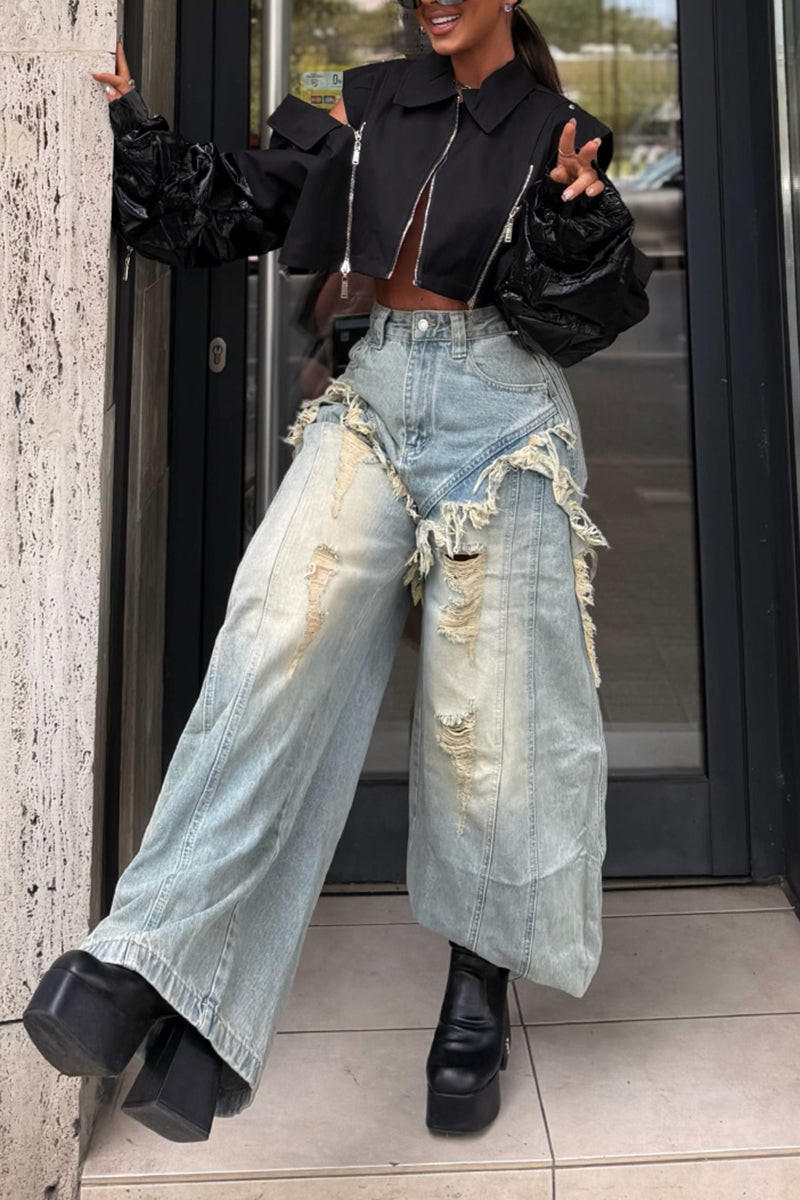 Women's Fashion Ripped Wash Faux Two-Piece Wide Leg Jeans