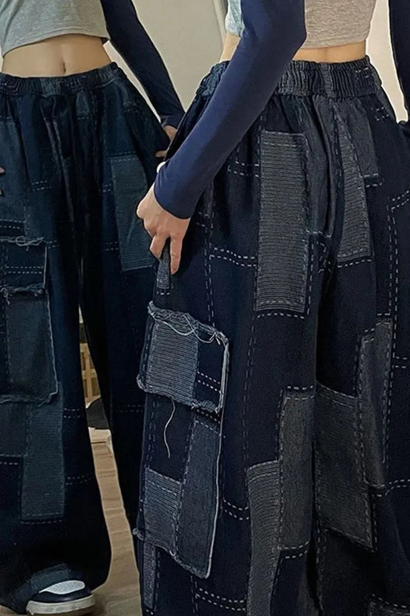 Women's Patchwork Wide Leg Jeans With Large Pockets