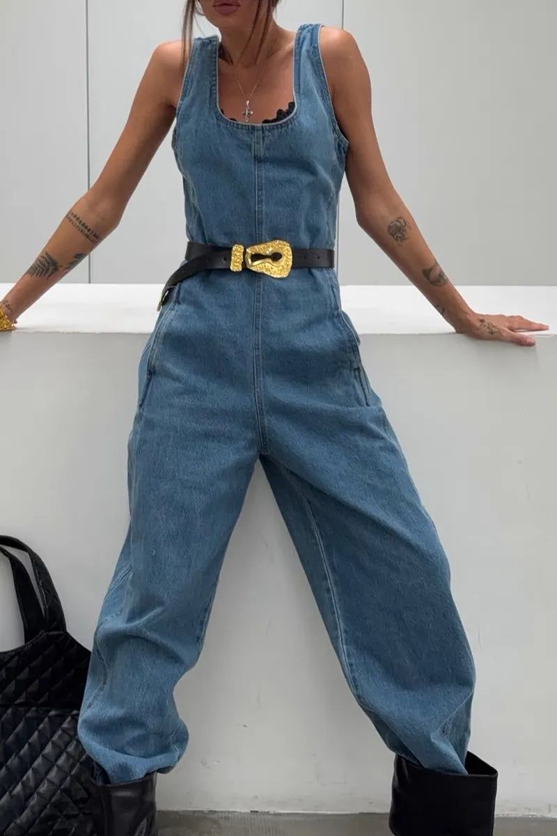 Women's Casual Denim Jumpsuit with Barrel Leg & Pockets