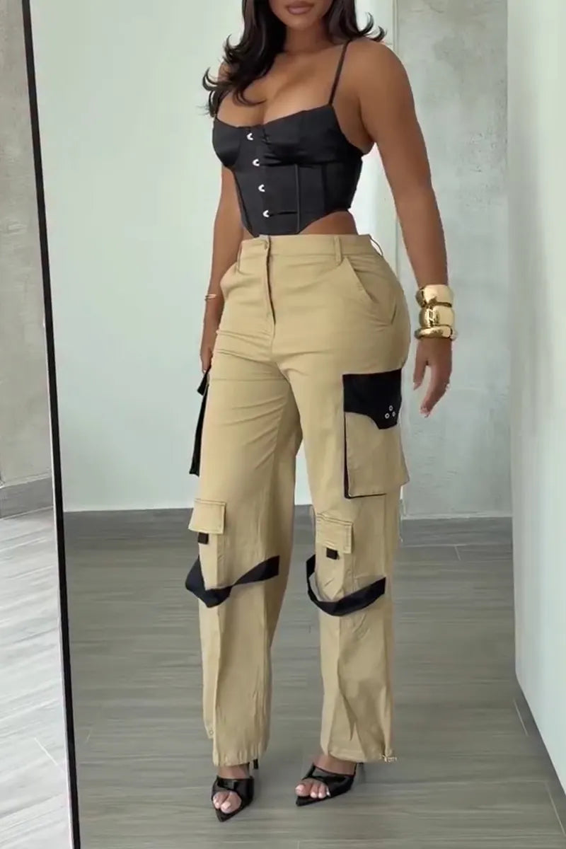 Women's Casual Color Block Pocket Streamer Decoration Pants