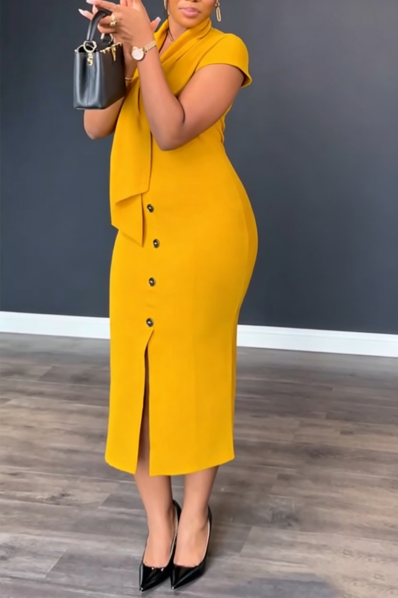 Women's V-neck Buckle Slit Elegant Temperament Dress