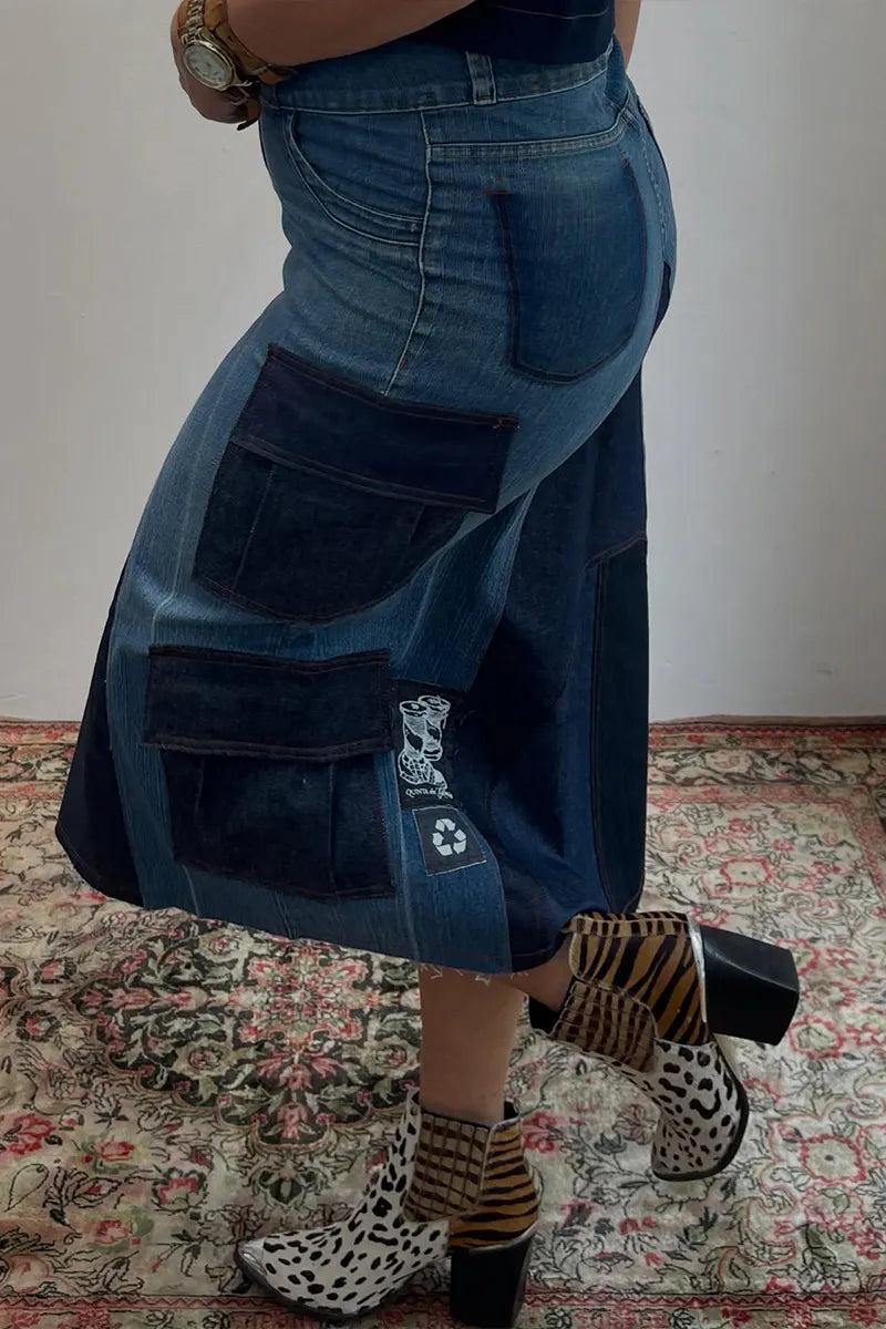Women's Casual Color Block Cargo Pocket Denim Skirt