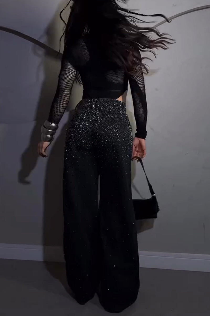 Women's Fashion Mesh Patchwork Rhinestone Bodysuit or Rhinestone Jeans