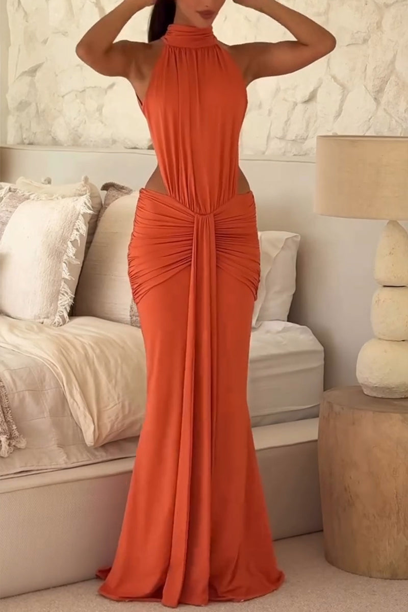 Women's Fashion Backless Pleated Hem Maxi Dress