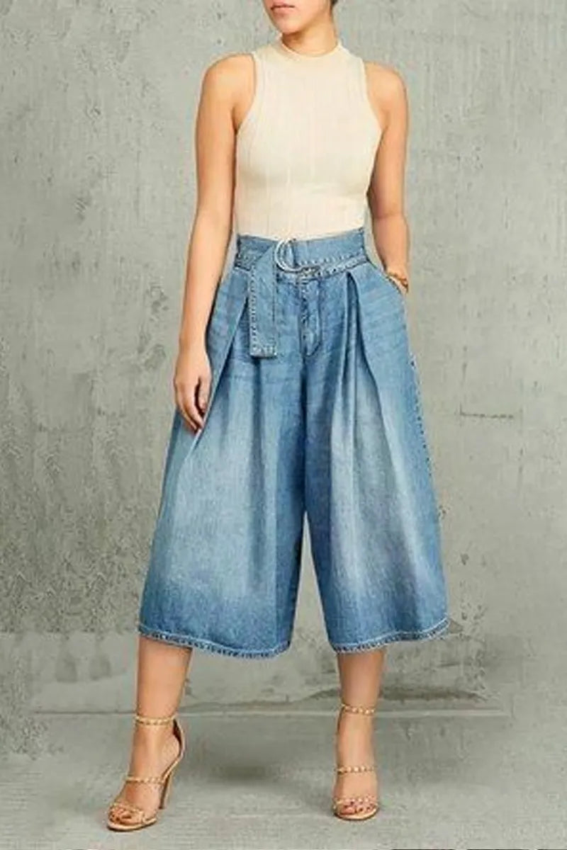 Women High Waist O Ring Belted Pleated Wide Leg Denim Culottes Side Pockets Midi Length Capri Jeans