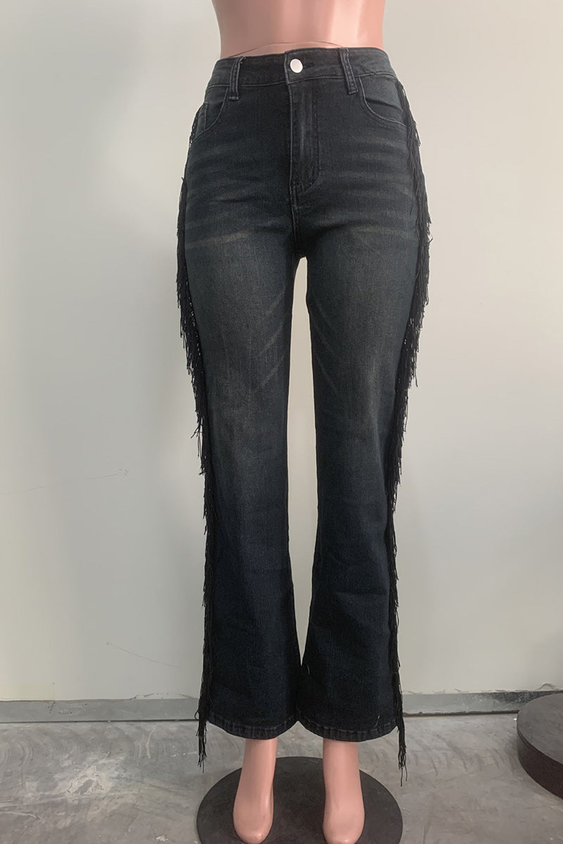 Women's Vintage Fringe Side High-Waist Jeans