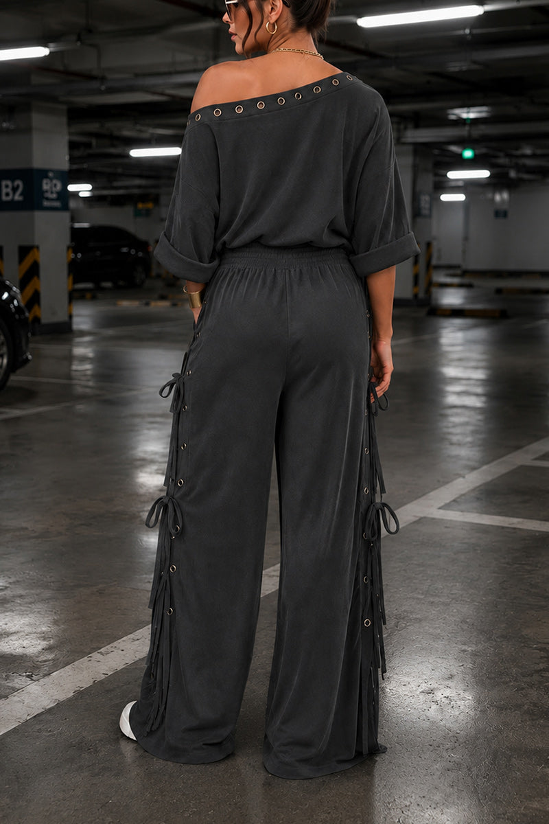 Women's Off-Shoulder Knit Top and Wide Leg Drawstring Pants 2-Piece Set Solid Charcoal Gray