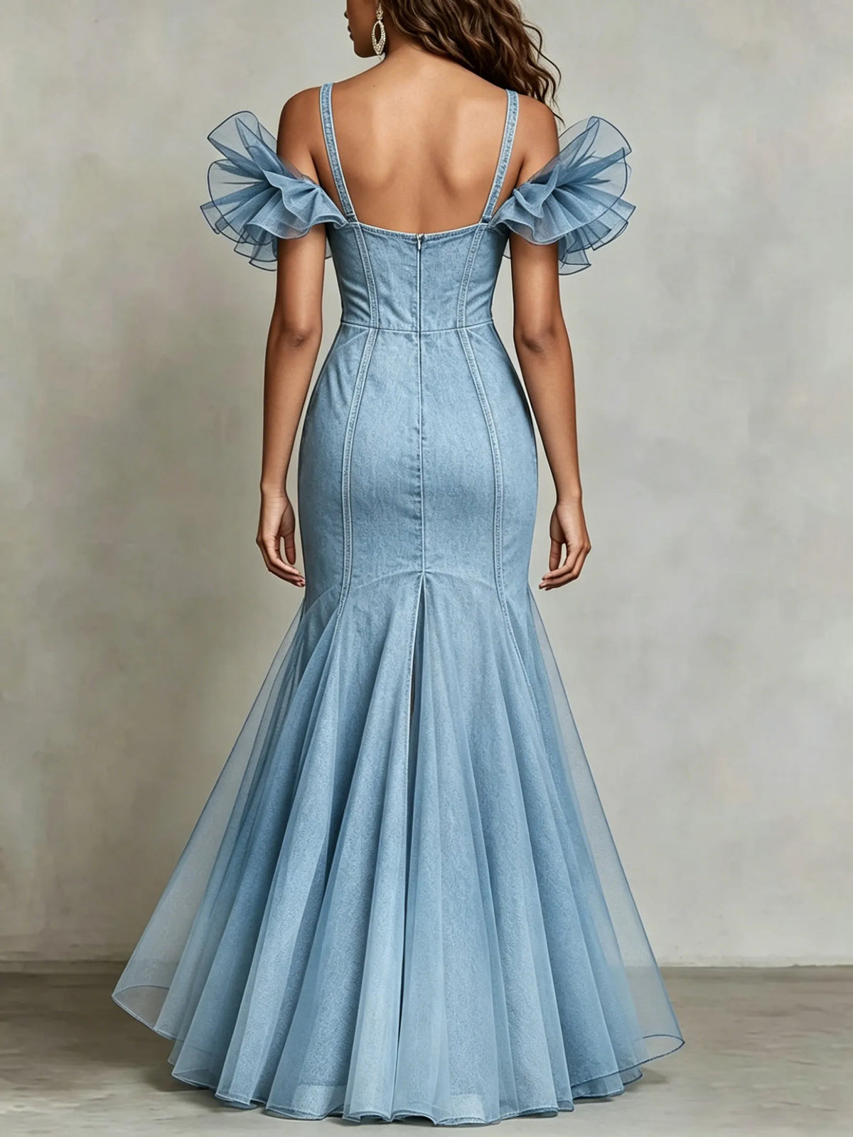 OmbrÃ© Denim And Mesh Fishtail Gown