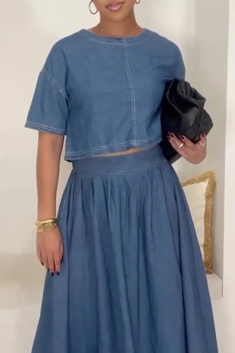 Women's Casual Crew Neck Short Sleeve Denim Top or A-Line Skirt