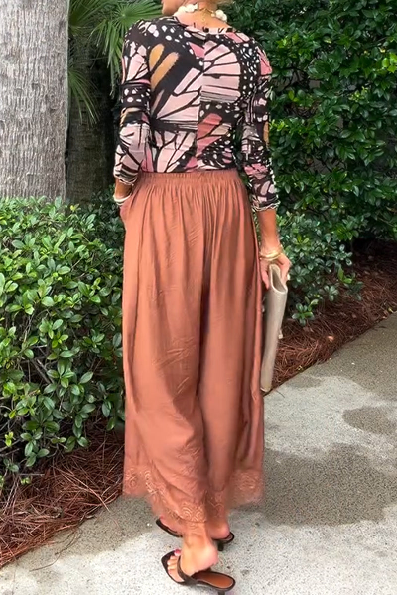 Women's Casual Round Neck Printed Top or Drawstring Wide Leg Pants